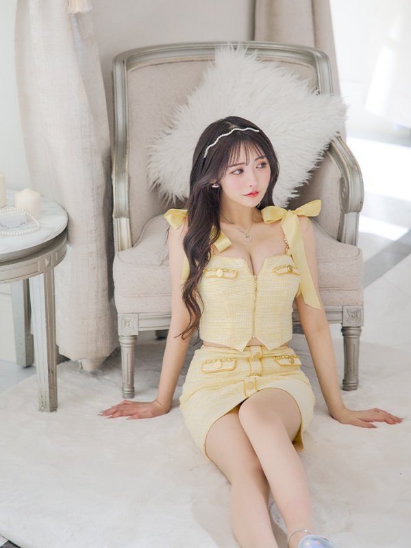 画像17: XSサイズあり【an /アン】 ショルダーリボン/ フロントジップ/ ゴールドバックル/ ボタン/ セットアップ/タイト/ ミニドレス/ キャバドレス[OF05] (17)