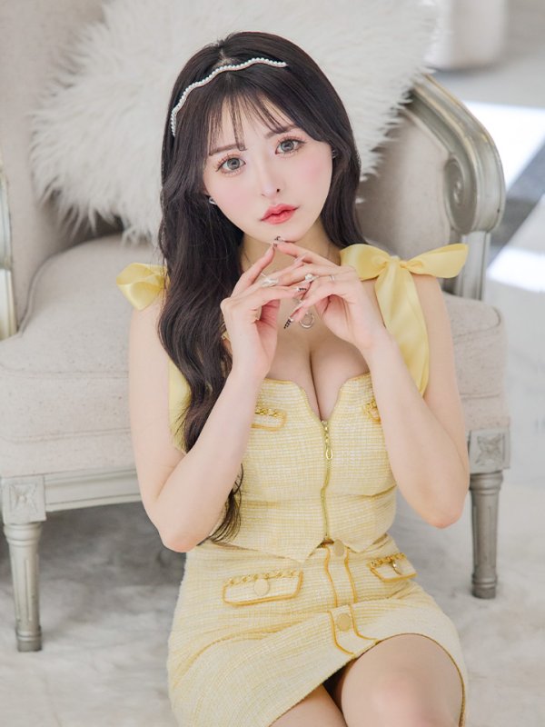 画像18: XSサイズあり【an /アン】 ショルダーリボン/ フロントジップ/ ゴールドバックル/ ボタン/ セットアップ/タイト/ ミニドレス/ キャバドレス[OF05] (18)