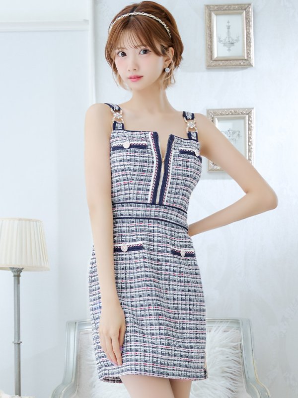 画像2: XSサイズあり【an /アン】ツイード/ フロントジップ/ ショルダーバックル/ ノースリーブ/ タイト/ ミニドレス/ キャバドレス[OF05] (2)