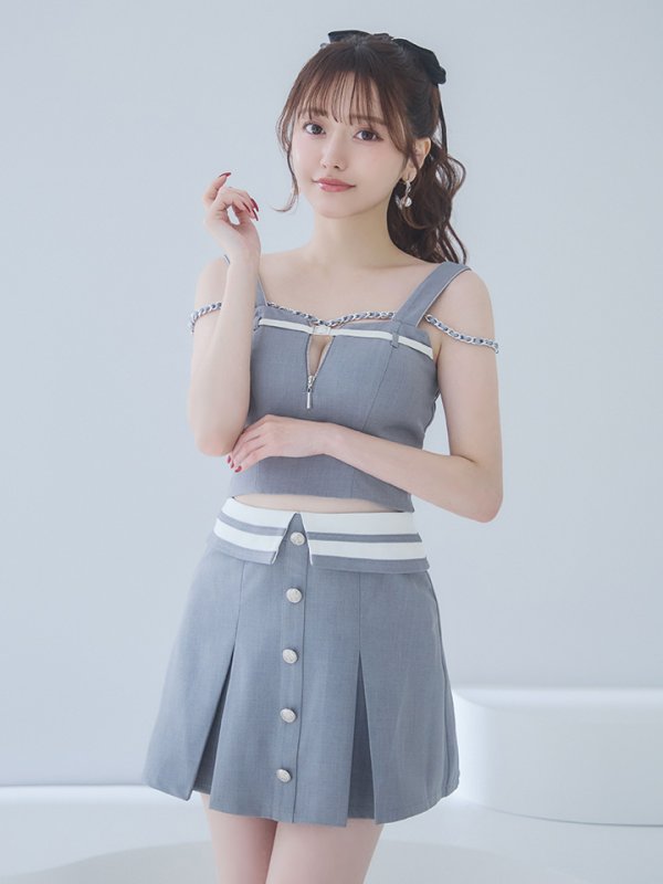 画像2: XSサイズあり【an /アン】デコルテチェーン/ ノースリーブ/ ベルト/ バストジッパー/ ボックスプリーツ/ ボタン/ Aライン/ セットアップ/ ミニドレス/ キャバドレス[OF05] (2)