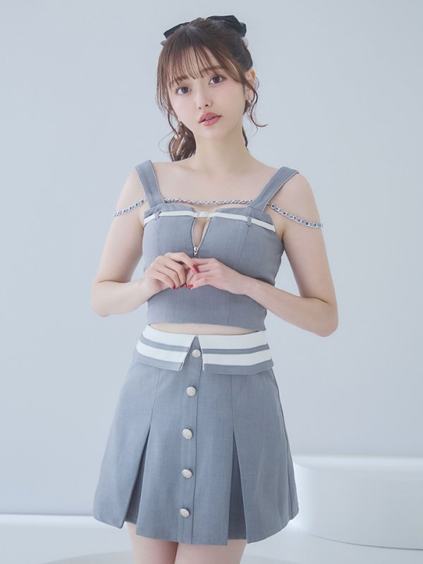 画像6: XSサイズあり【an /アン】デコルテチェーン/ ノースリーブ/ ベルト/ バストジッパー/ ボックスプリーツ/ ボタン/ Aライン/ セットアップ/ ミニドレス/ キャバドレス[OF05] (6)