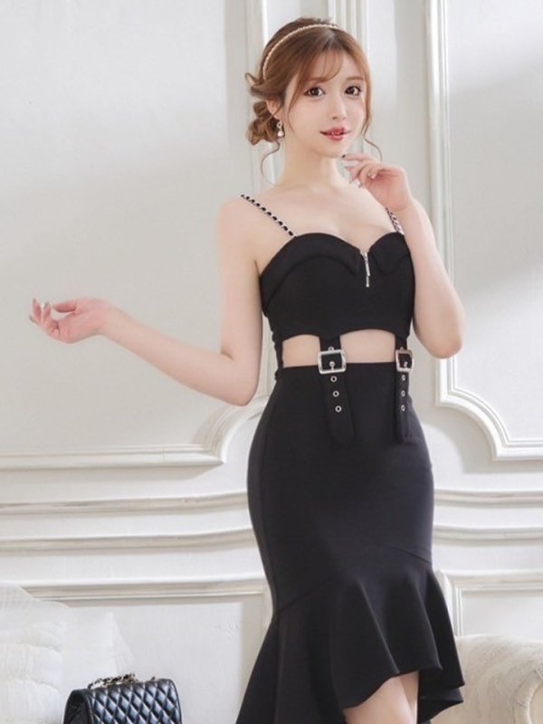 画像4: XSサイズあり【an /アン】フロントジップ/ カットアウト/ ベルト/ キャミソール/ テールカット/ マーメイド/ ミディアムドレス/ キャバドレス[OF05] (4)