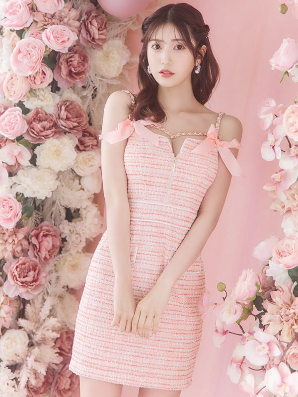 画像11: XSサイズあり【an /アン】ツイード/ リボン/ ショルダーチェーン/ キャミソール/ タイト/ ミニドレス/ キャバドレス[OF05] (11)