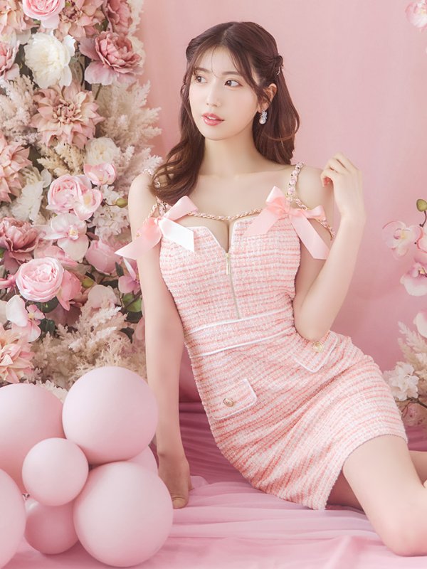 画像14: XSサイズあり【an /アン】ツイード/ リボン/ ショルダーチェーン/ キャミソール/ タイト/ ミニドレス/ キャバドレス[OF05] (14)