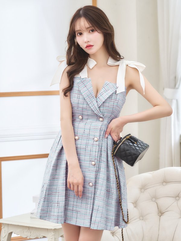 画像5: XSサイズあり【an /アン】ツイード/ パールボタン/ ショルダーリボン/ ノースリーブ/ フレア/ 裾プリーツ/ ミニドレス/ キャバドレス[OF05] (5)