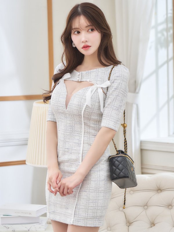 画像2: XSサイズあり【an /アン】 ストレッチ/ ツイード/ アンサンブル/ リボン/ 半袖/ 袖あり/ バストシアー/ タイト/ ミニドレス/ キャバドレス[OF05] (2)