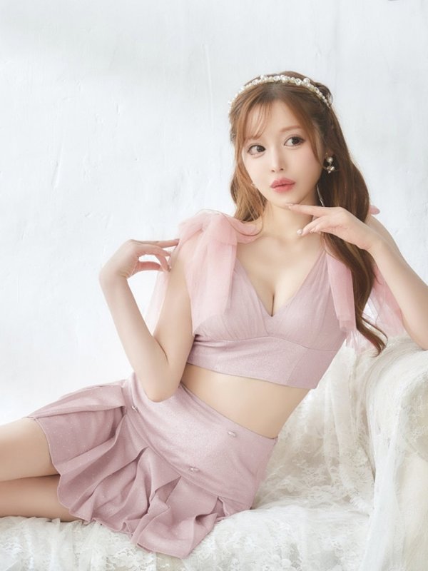 画像4: XSサイズあり【an /アン】ショルダーリボン/ ラメ/ラインストーン/ ストレッチ/ プリーツ/ フレア/ セットアップ/ ミニドレス/ キャバドレス[OF05] (4)