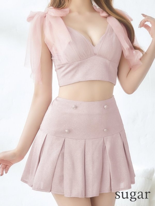 画像9: XSサイズあり【an /アン】ショルダーリボン/ ラメ/ラインストーン/ ストレッチ/ プリーツ/ フレア/ セットアップ/ ミニドレス/ キャバドレス[OF05] (9)