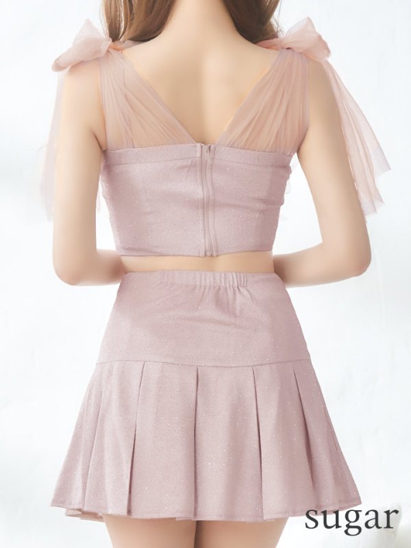 画像10: XSサイズあり【an /アン】ショルダーリボン/ ラメ/ラインストーン/ ストレッチ/ プリーツ/ フレア/ セットアップ/ ミニドレス/ キャバドレス[OF05] (10)