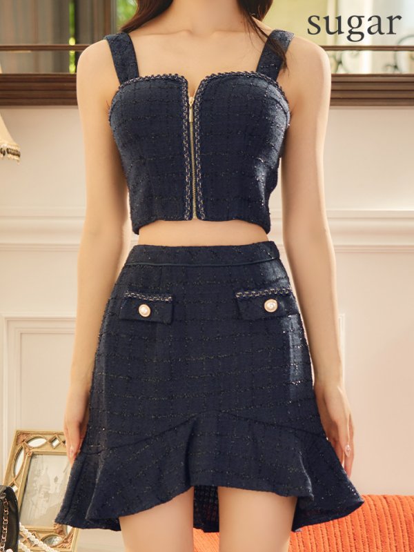 画像8: XSサイズあり【an /アン】セットアップ/ ノースリーブ/ ツイード/ フロントジップ/ フリルテール/ タイト/ ミニドレス/ キャバドレス[OF05] (8)