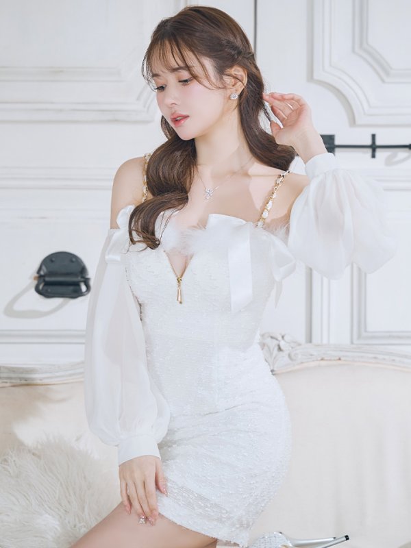 画像4: XSサイズあり【an /アン】袖あり/ ショルダーリボン/ ファー/ 取り外し可能/ バストジッパー/ チェーン/ キャミソール/ タイト/ ミニドレス/ キャバドレス[OF05] (4)