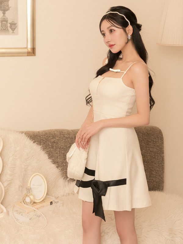 画像14: XSサイズあり【an/アン】リボン/ フロントジップ/ ワンカラー/ キャミソール/ Aライン/ フレア/ ワンピース/ ミニドレス/ キャバドレス[OF05] (14)