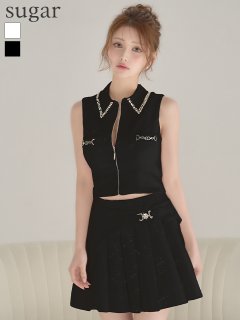 襟付き/ ハイネック/ ビジュー/ ノースリーブ/ プリーツ/ フレア/ セットアップ/ ミニドレス/ キャバドレス キャバドレス