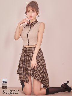 【an /アン】チェック柄/ 襟付き/ ノースリーブ/ 変形ヘムスカート/ フレア/ セットアップ/ ミニドレス/ キャバドレス