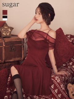 【an/アン】シアー/ ラメ/ キャミ/ リボンモチーフ/ ビジュー/ フレア/ ミニドレス/ キャバドレス