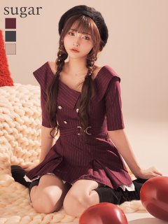 【an/アン】襟付き/ バストジップ/ ノースリーブ/ プリーツ/ ビジューボタン/ フレア/ セットアップ/ ミニドレス/ キャバドレス