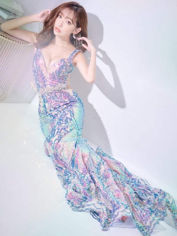 画像2: 【ANGEL R PREMIUM/エンジェルアールプレミアム】マーメイド/ ビジュー/ スパンコール/ オーロラ/ ノースリーブ/ シアー/ ロング/ キャバドレスlong[OF2] (2)