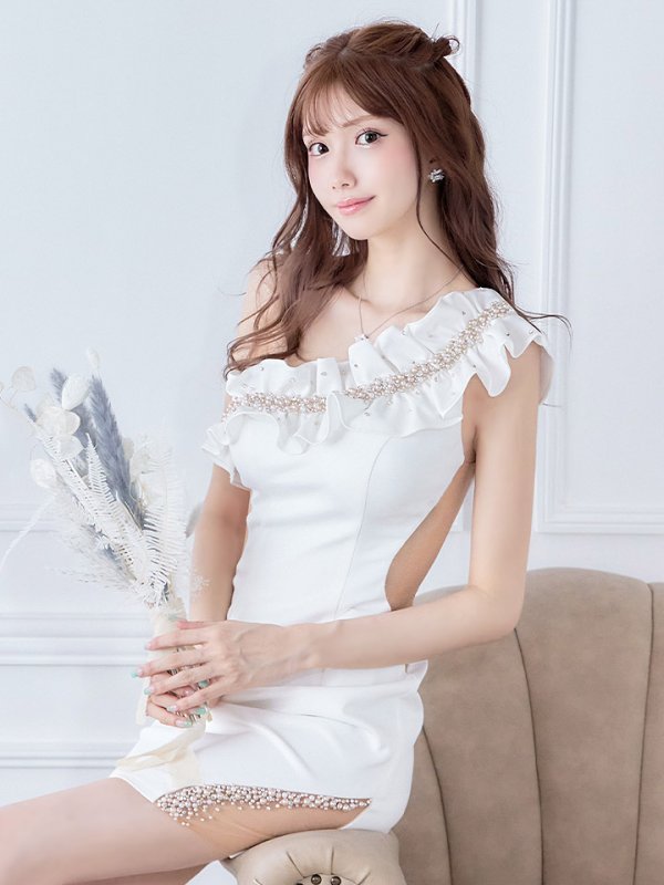 画像6: XSサイズあり【ANGEL R/エンジェルアール】ワンショル/ ギャザーパールビジューワンショルダー/ シアー/ タイト/ ミニドレス/ キャバドレス[OF2] (6)