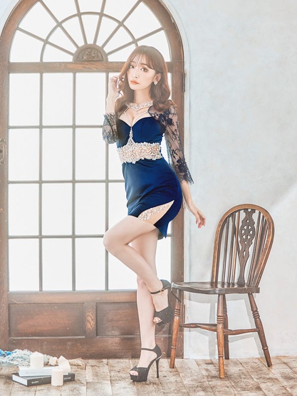 画像3: sugarxARコラボカラー・XSサイズあり【ANGEL R/エンジェルアール】レーススリーブ/ 七分袖/ 長袖/ 袖あり/ デコルテウエストスパンコールビジュー/ アメスリ/ タイト/ ミニドレス/ キャバドレス[OF2] (3)