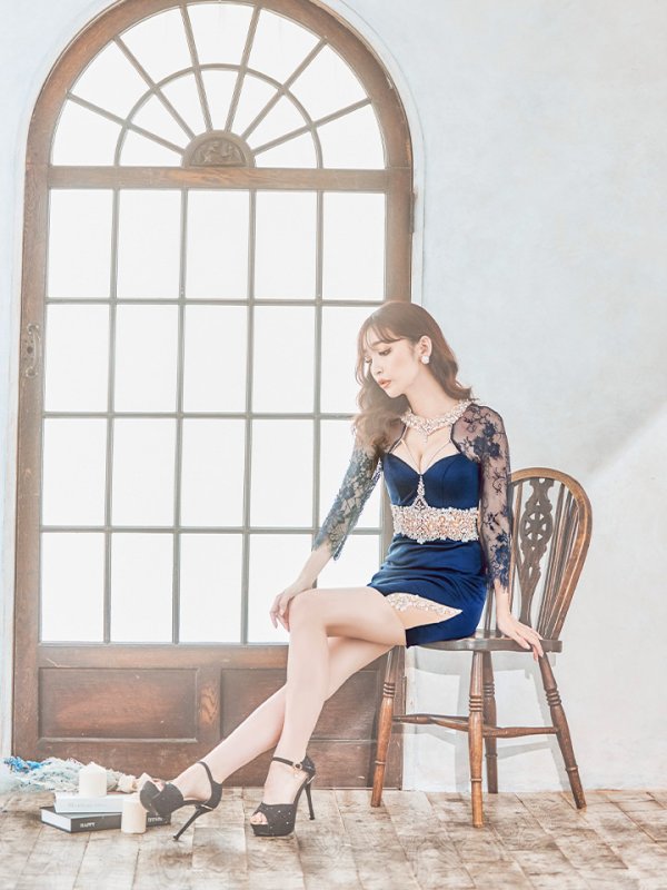 画像5: sugarxARコラボカラー・XSサイズあり【ANGEL R/エンジェルアール】レーススリーブ/ 七分袖/ 長袖/ 袖あり/ デコルテウエストスパンコールビジュー/ アメスリ/ タイト/ ミニドレス/ キャバドレス[OF2] (5)