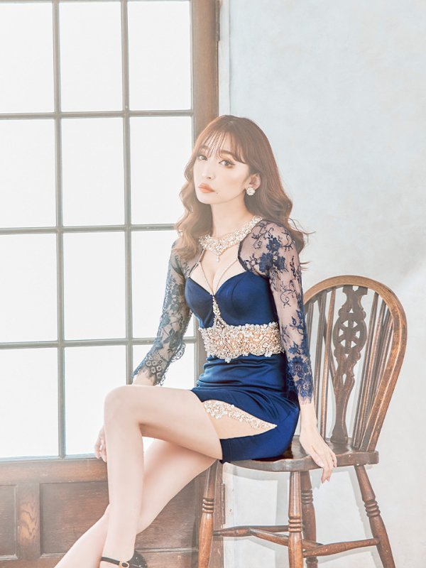 画像6: sugarxARコラボカラー・XSサイズあり【ANGEL R/エンジェルアール】レーススリーブ/ 七分袖/ 長袖/ 袖あり/ デコルテウエストスパンコールビジュー/ アメスリ/ タイト/ ミニドレス/ キャバドレス[OF2] (6)