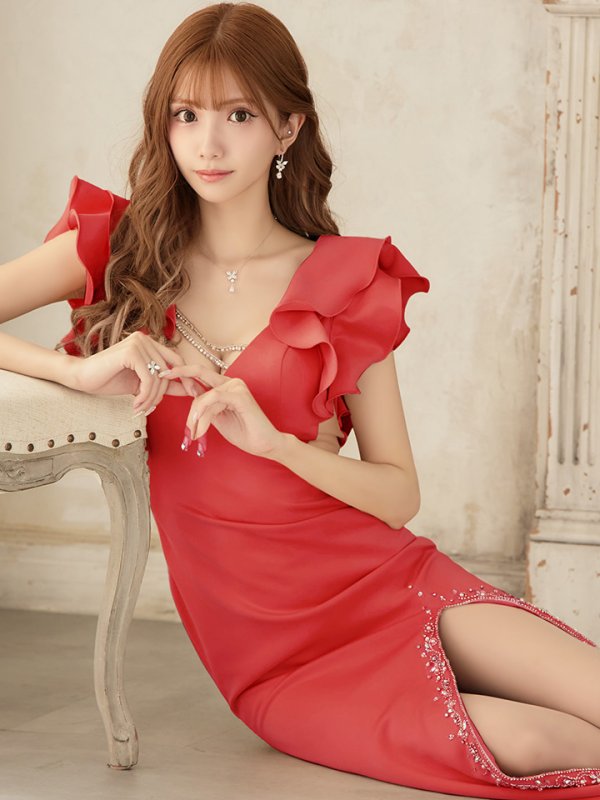 画像6: 【ANGEL R/エンジェルアール】ショルダーフリル/ フリル/ チェーンビジュー/ スリット/ タイト/ ロングドレス/ キャバドレス long[OF2] (6)