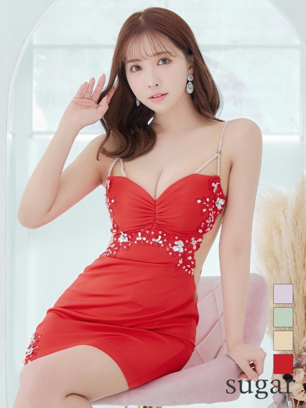 XSサイズあり【Angel R/エンジェルアール】フラワーモチーフ/ バストギャザー/ ビジュー/ キャミソール/ タイト/ ミニドレス/ キャバドレス レッド