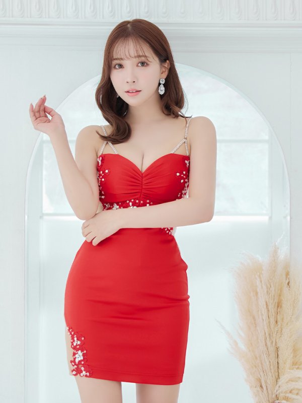 画像7: XSサイズあり【ANGEL R/エンジェルアール】フラワーモチーフ/ バストギャザー/ ビジュー/ キャミソール/ タイト/ ミニドレス/ キャバドレス[OF2] (7)