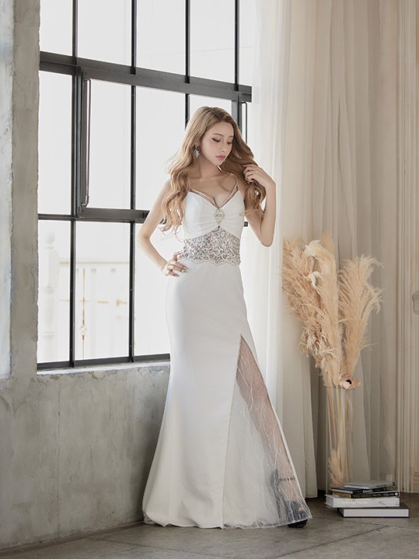 画像2: 【ANGEL R/エンジェルアール】ウエストスパンコール/ パール/ ビジュー/ キャミソール/ スリット/ タイト/ ロングドレス/ キャバドレス long[OF2] (2)