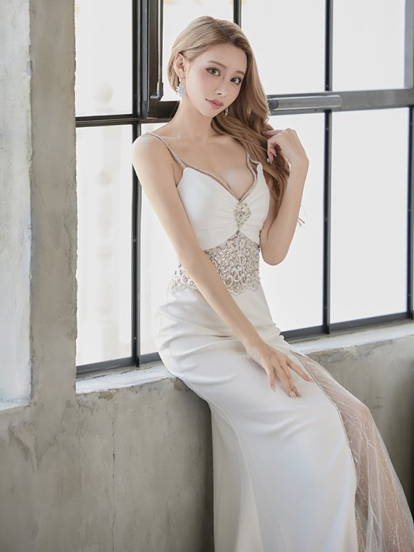 画像4: 【ANGEL R/エンジェルアール】ウエストスパンコール/ パール/ ビジュー/ キャミソール/ スリット/ タイト/ ロングドレス/ キャバドレス long[OF2] (4)