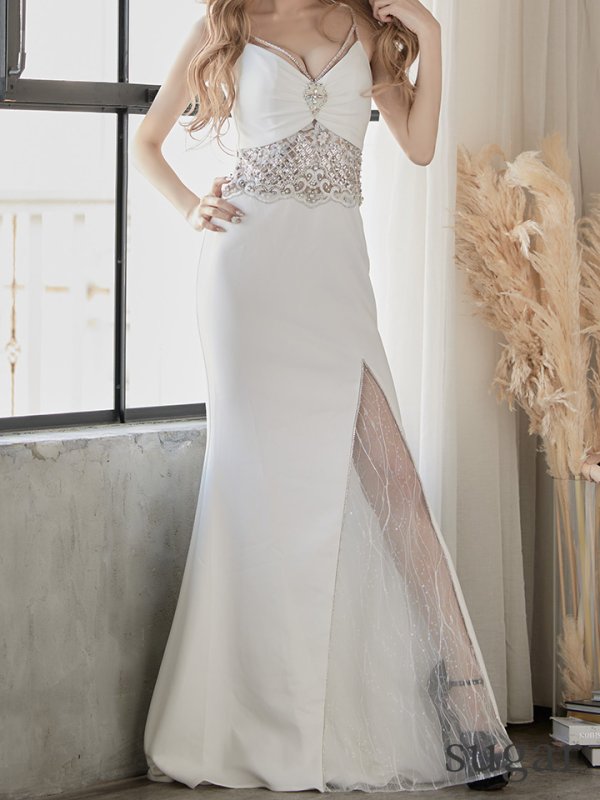 画像2: 【ANGEL R/エンジェルアール】ウエストスパンコール/ パール/ ビジュー/ キャミソール/ スリット/ タイト/ ロングドレス/ キャバドレス long[OF2] (2)