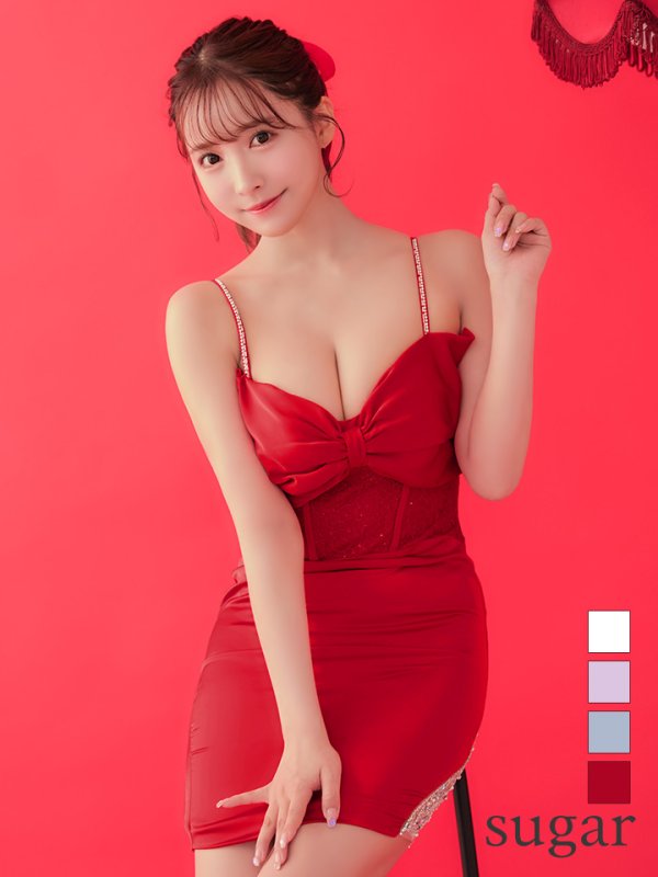 XSサイズあり【Angel R/エンジェルアール】ビックリボン/ キャミソール/ フラワーレース/ ワンカラー/ タイト/ ミニドレス/ キャバドレス　レッド