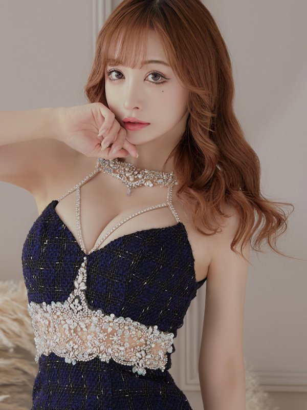 画像3: XSサイズあり【ANGEL R/エンジェルアール】ラメツイード/ デコルテウエストビジュー/ ホルター/ アメスリ/ タイト/ ミニドレス/ キャバドレス[OF2] (3)