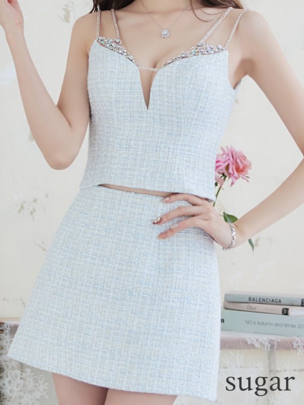 画像8: 背の低い方必見！【ANGEL R/エンジェルアール】ツイード/ ショルダーバストビジュー/ セパレート/ フレア/ マイクロミニドレス/ キャバドレス[OF2] (8)