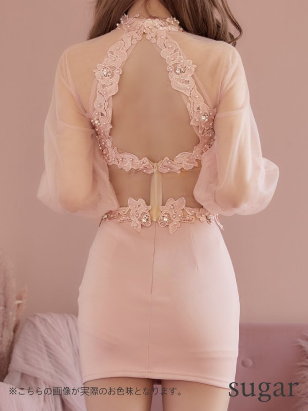 画像3: XSサイズあり【ANGEL R/エンジェルアール】フラワーレース/ パールチェーン/ 長袖/ ロングスリーブ/ 袖あり/ タイト/ マイクロミニドレス/ キャバドレス[OF2] (3)