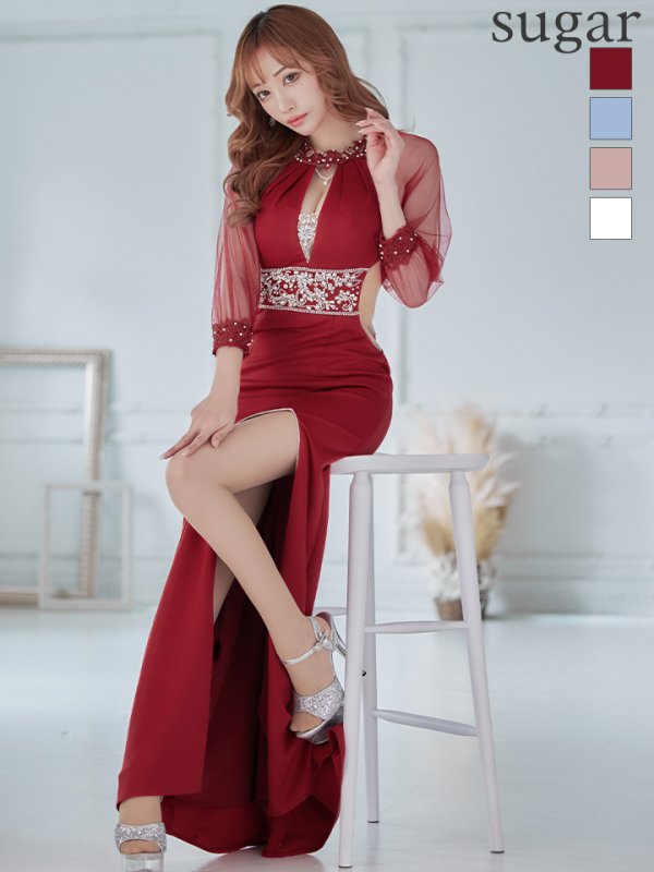 画像24: 【ANGEL R/エンジェルアール】長袖/ 袖あり/ アメスリ/ フラワーデザイン/ パール/ ビジュー/ スリット/ ストレッチ/ タイト/ ロング/ キャバドレスlong[OF2] (24)