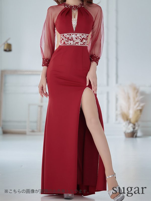 画像31: 【ANGEL R/エンジェルアール】長袖/ 袖あり/ アメスリ/ フラワーデザイン/ パール/ ビジュー/ スリット/ ストレッチ/ タイト/ ロング/ キャバドレスlong[OF2] (31)