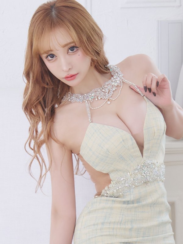 画像3: XSサイズあり【ANGEL R/エンジェルアール】ツイード/デコルテパールビジュー/ Vバスト/ タック/ ホルター/ アメスリ/タイト/ ミニドレス/ キャバドレス[OF2] (3)