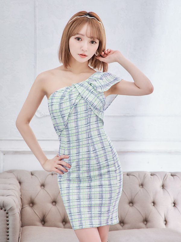 画像2: XSサイズあり【ANGEL R/エンジェルアール】リボンワンショルダー/ チェック/ タイト/ ミニドレス/ キャバドレス[OF2] (2)