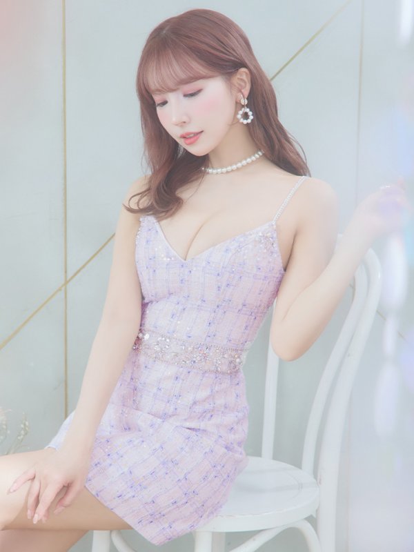 画像5: XSサイズあり【ANGEL R/エンジェルアール】チェックツイード/ ウエストパールビジュー/ フレア/ ミニドレス/ キャバドレス[OF2] (5)