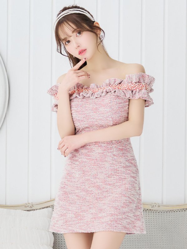 画像2: 【LIMITED SALE開催中！! 11月11日より順次発送予定】XSサイズあり【ANGEL R/エンジェルアール】ツイード/ ビジュー/ フリル/ オフショルダー/ フレア/ミニドレス/ キャバドレス[OF2] (2)