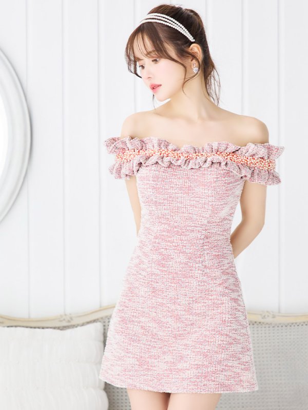 画像5: 【LIMITED SALE開催中！! 11月11日より順次発送予定】XSサイズあり【ANGEL R/エンジェルアール】ツイード/ ビジュー/ フリル/ オフショルダー/ フレア/ミニドレス/ キャバドレス[OF2] (5)