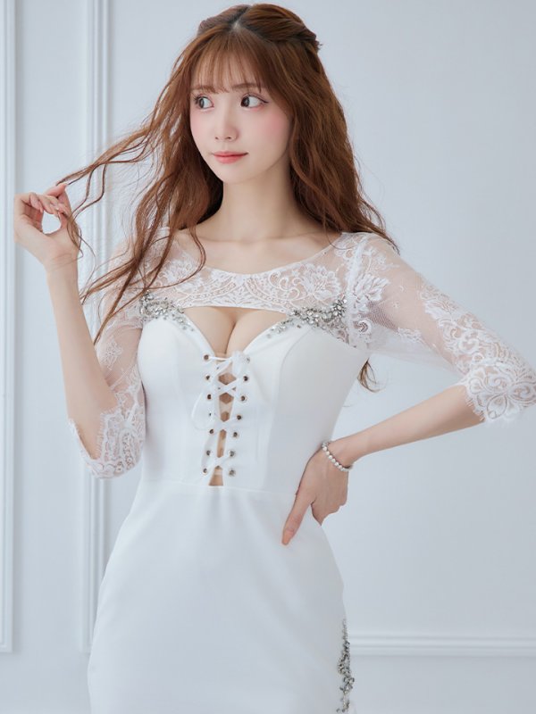 画像7: XSサイズあり【ANGEL R/エンジェルアール】バストレースアップ/ フラワーロングスリーブ/ 袖あり/ 長袖/ タイト/ ミニドレス/ キャバドレス[OF2] (7)