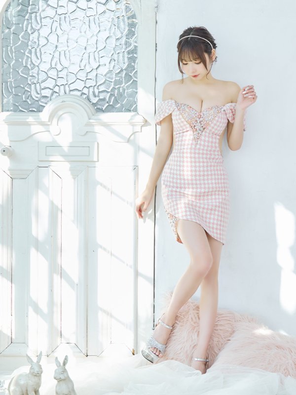 画像15: sugarコラボ商品☆XSサイズあり【ANGEL R/エンジェルアール】オフショルダー/ 千鳥柄/ ツイード/ バストフラワーパールビジュー/ タイト/ ミニドレス/ キャバドレス[OF2] (15)