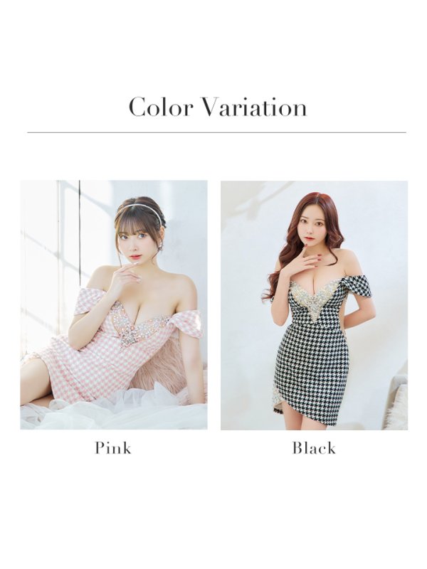 画像33: sugarコラボ商品☆XSサイズあり【ANGEL R/エンジェルアール】オフショルダー/ 千鳥柄/ ツイード/ バストフラワーパールビジュー/ タイト/ ミニドレス/ キャバドレス[OF2] (33)