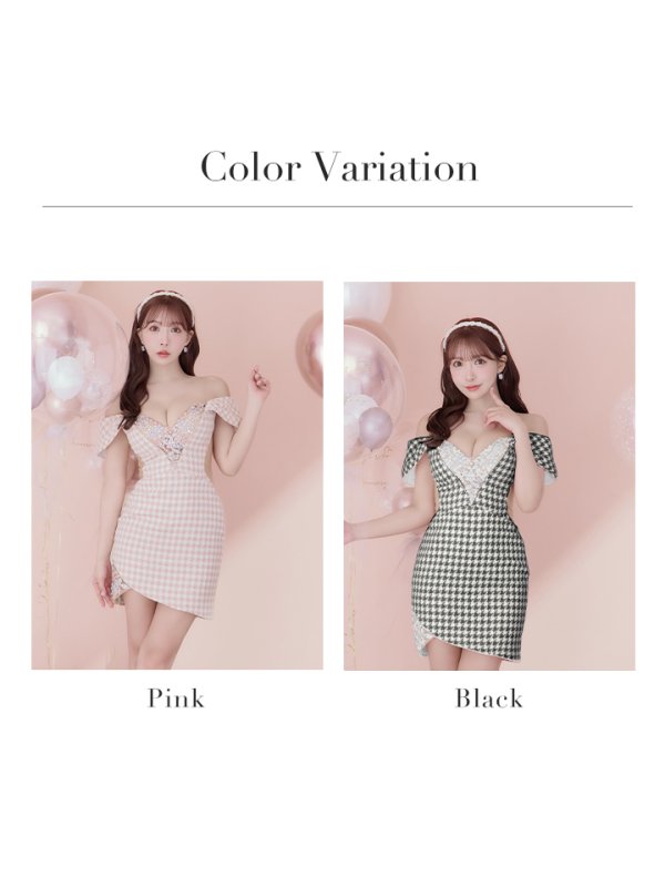 画像11: sugarコラボ商品☆XSサイズあり【ANGEL R/エンジェルアール】オフショルダー/ 千鳥柄/ ツイード/ バストフラワーパールビジュー/ タイト/ ミニドレス/ キャバドレス[OF2] (11)