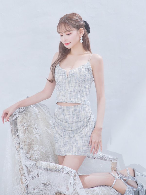 画像12: XSサイズあり【ANGEL R/エンジェルアール】フロントファスナー/ チェーン/ ツイード/ セパレート/ 台形スカート/ マイクロミニ/ セットアップ/ ミニドレス/ キャバドレス[OF2] (12)