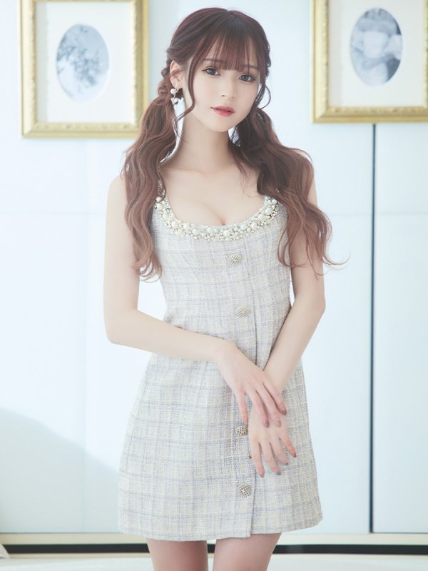 画像2: XSサイズあり【ANGEL R/エンジェルアール】チェックツイード/ バストパールビジュー/ フロントボタン/ フレア/ ミニドレス/ キャバドレス[OF2] (2)
