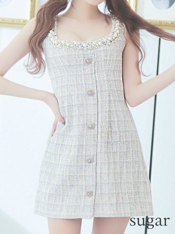 画像8: XSサイズあり【ANGEL R/エンジェルアール】チェックツイード/ バストパールビジュー/ フロントボタン/ フレア/ ミニドレス/ キャバドレス[OF2] (8)