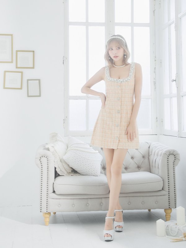 画像19: XSサイズあり【ANGEL R/エンジェルアール】チェックツイード/ バストパールビジュー/ フロントボタン/ フレア/ ミニドレス/ キャバドレス[OF2] (19)